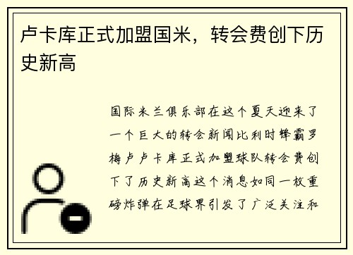 卢卡库正式加盟国米，转会费创下历史新高