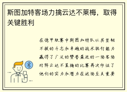 斯图加特客场力擒云达不莱梅，取得关键胜利